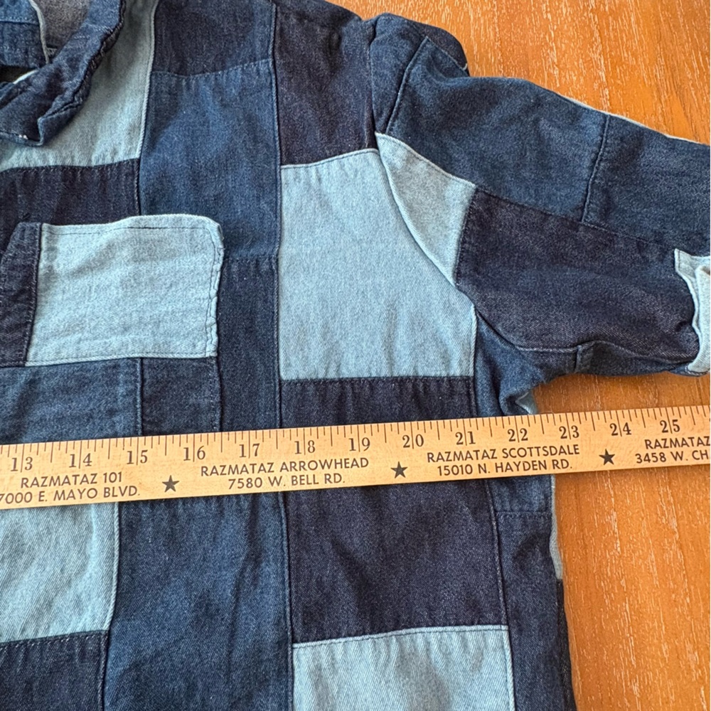 Patchwork Short Sleeve Two-Tone Denim Button-Up S… - image 11